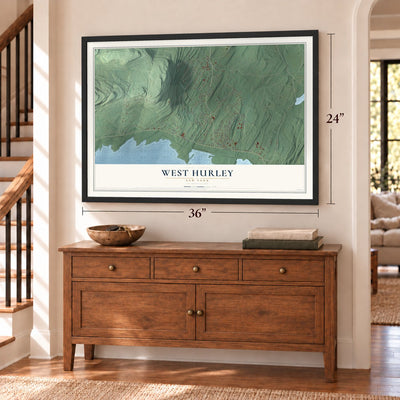 West Hurley, New York map, 24 x 36 inch print in a black frame above a dresser by a staircase