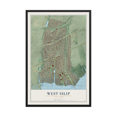 West Islip, New York map print, 12" x 18" W/ Black Ayous Wood Frame mockup