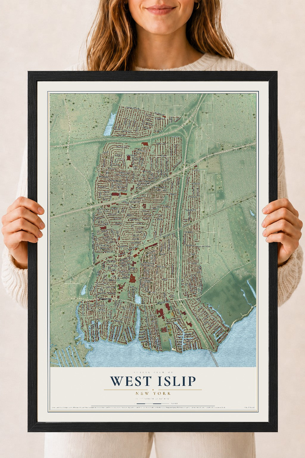 West Islip, New York map print, 18" x 24" W/ Black Ayous Wood Frame mockup