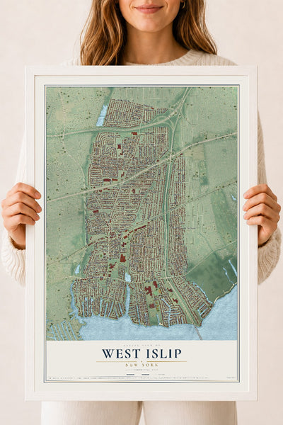 West Islip, New York map print, 18" x 24" W/ White Ayous Wood Frame mockup