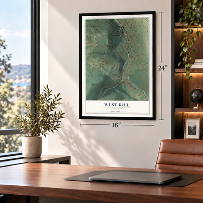 West Kill, New York map, 18 x 24 inch print in a black frame in a home office
