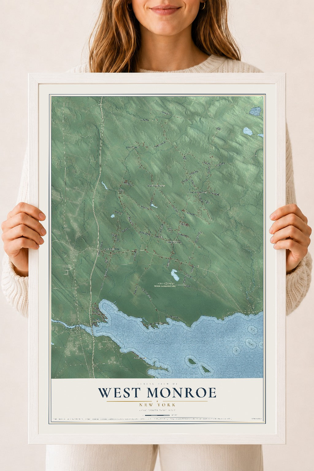 West Monroe, New York map print, 18" x 24" W/ White Ayous Wood Frame mockup