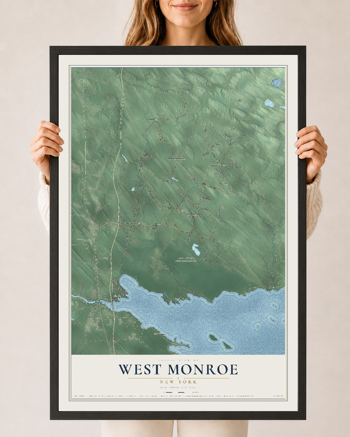 West Monroe, New York map print, 24" x 36" W/ Black Ayous Wood Frame mockup