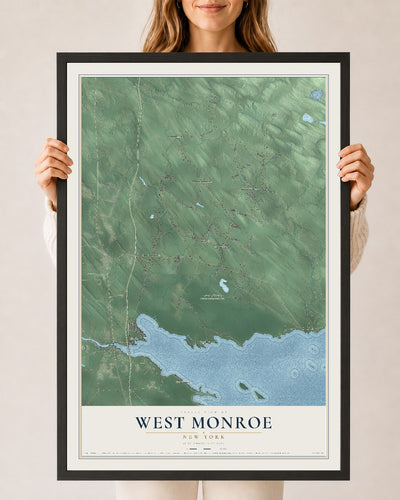 West Monroe, New York map print, 24" x 36" W/ Black Ayous Wood Frame mockup