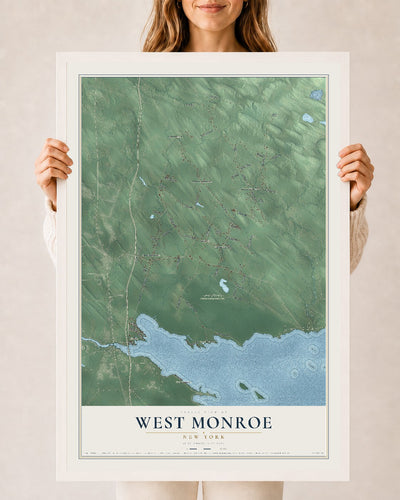 West Monroe, New York map print, 24" x 36" W/ White Ayous Wood Frame mockup