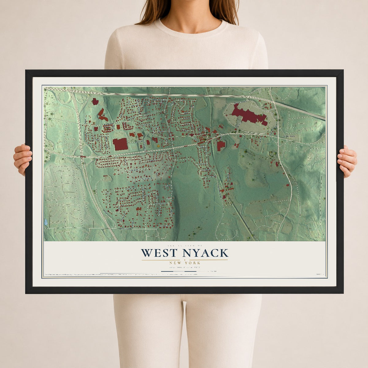 West Nyack, New York map print, 24" x 36" W/ Black Ayous Wood Frame mockup