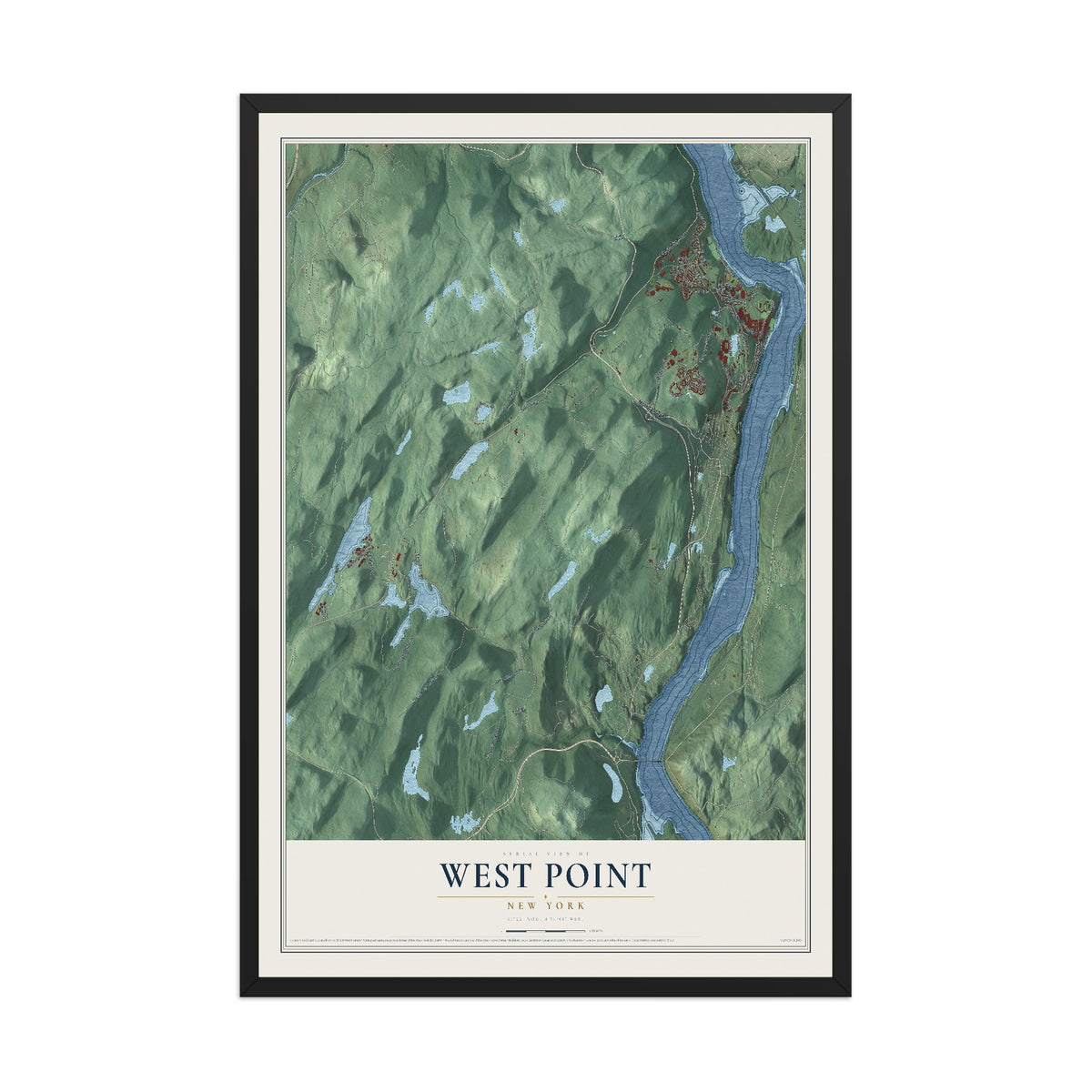 West Point, New York map print, 12" x 18" W/ Black Ayous Wood Frame mockup