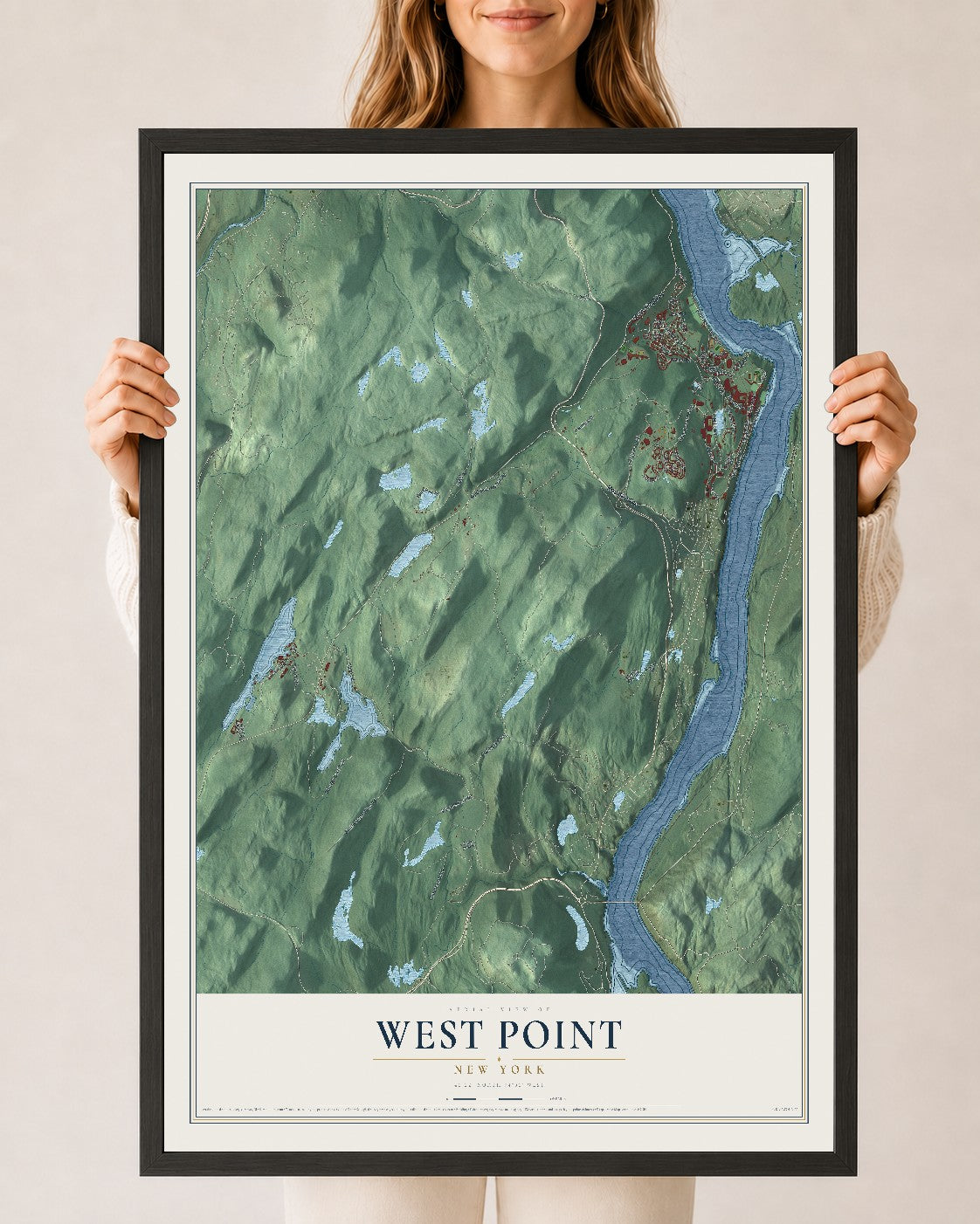 West Point, New York map print, 24" x 36" W/ Black Ayous Wood Frame mockup