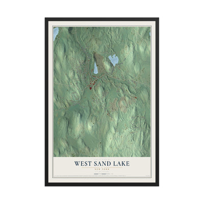 West Sand Lake, New York map print, 12" x 18" W/ Black Ayous Wood Frame mockup