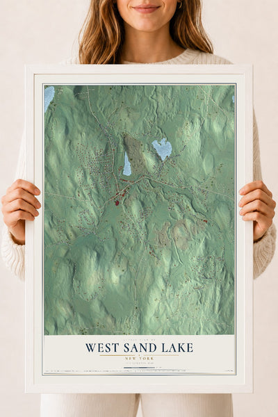West Sand Lake, New York map print, 18" x 24" W/ White Ayous Wood Frame mockup
