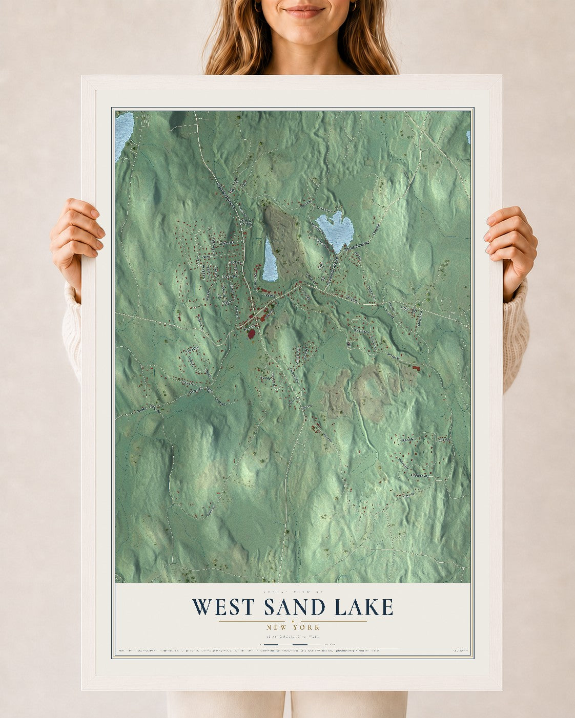 West Sand Lake, New York map print, 24" x 36" W/ White Ayous Wood Frame mockup