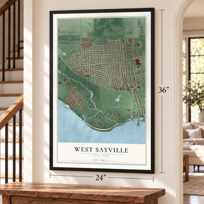 West Sayville, New York map, 24 x 36 inch print in a black frame by a staircase