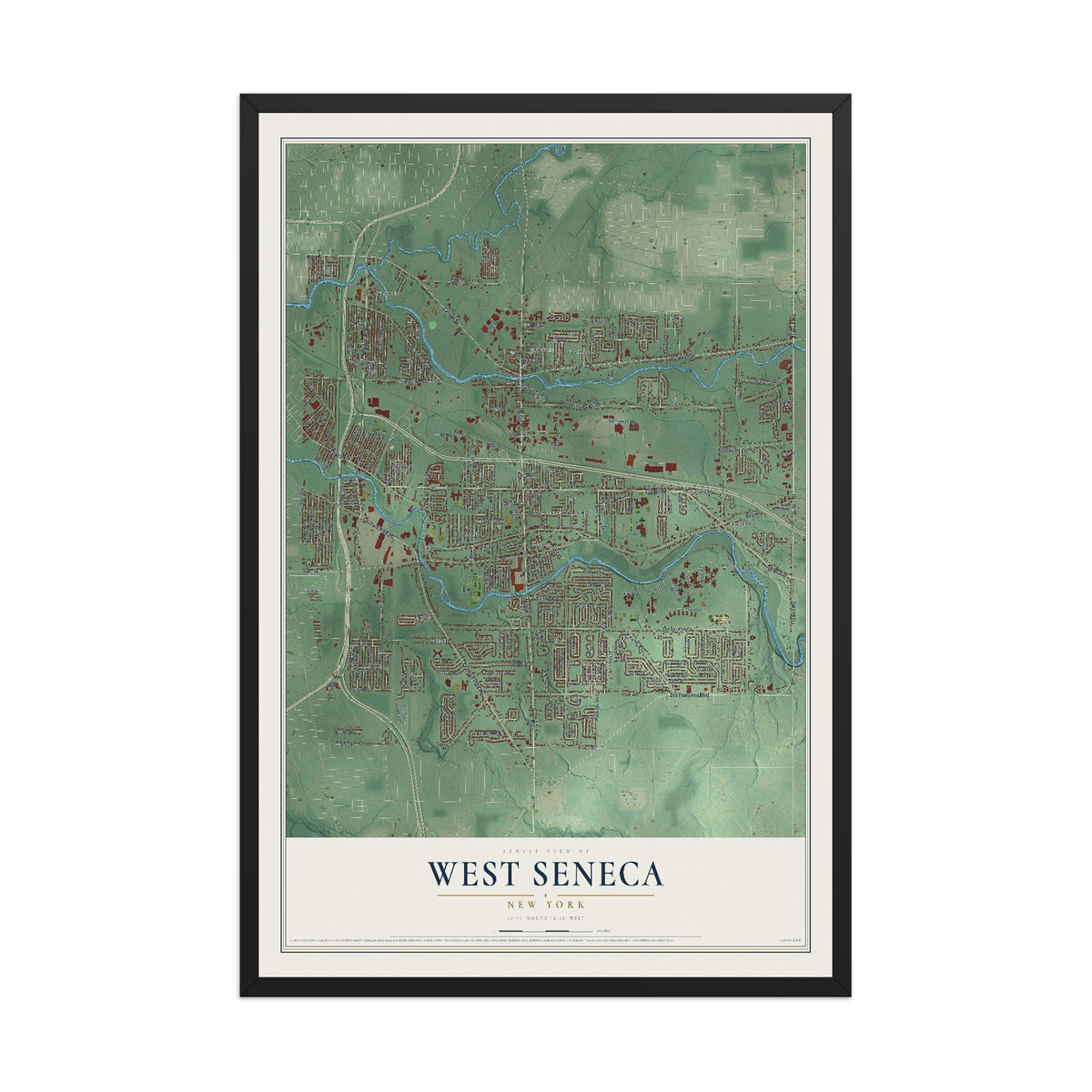 West Seneca, New York map print, 12" x 18" W/ Black Ayous Wood Frame mockup