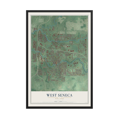 West Seneca, New York map print, 12" x 18" W/ Black Ayous Wood Frame mockup
