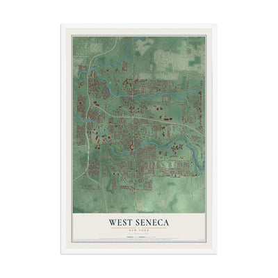 West Seneca, New York map print, 12" x 18" W/ White Ayous Wood Frame mockup