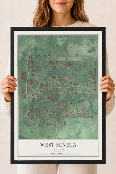 West Seneca, New York map print, 18" x 24" W/ Black Ayous Wood Frame mockup