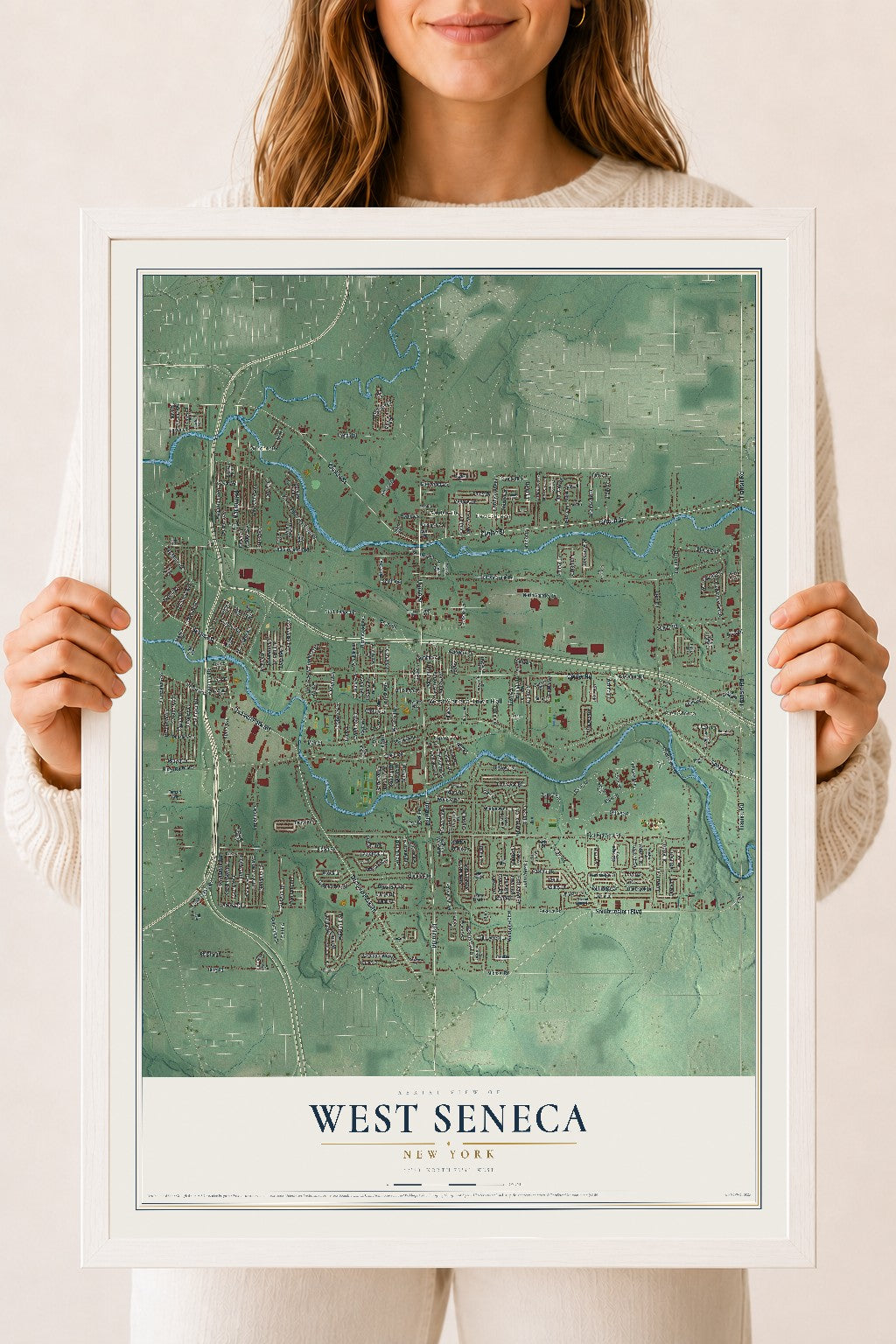 West Seneca, New York map print, 18" x 24" W/ White Ayous Wood Frame mockup