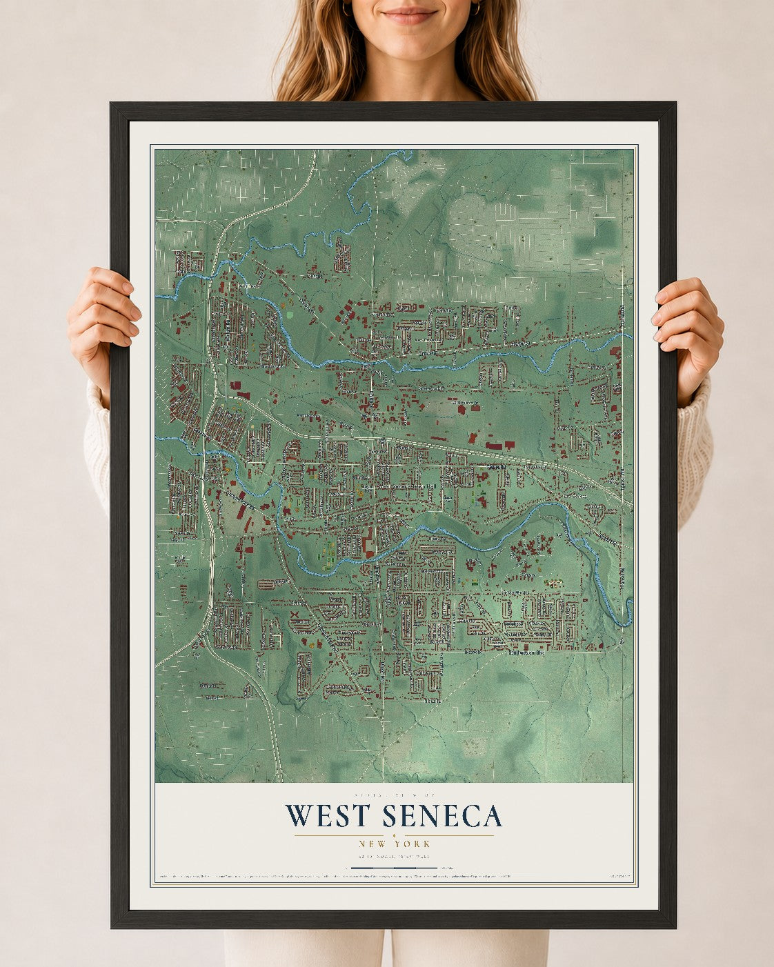 West Seneca, New York map print, 24" x 36" W/ Black Ayous Wood Frame mockup