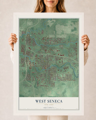 West Seneca, New York map print, 24" x 36" W/ White Ayous Wood Frame mockup