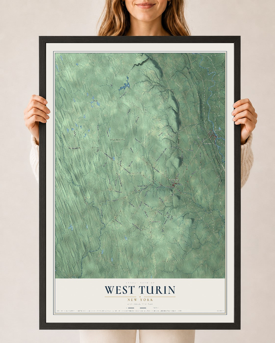 West Turin, New York map print, 24" x 36" W/ Black Ayous Wood Frame mockup