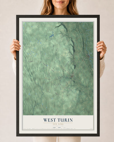 West Turin, New York map print, 24" x 36" W/ Black Ayous Wood Frame mockup