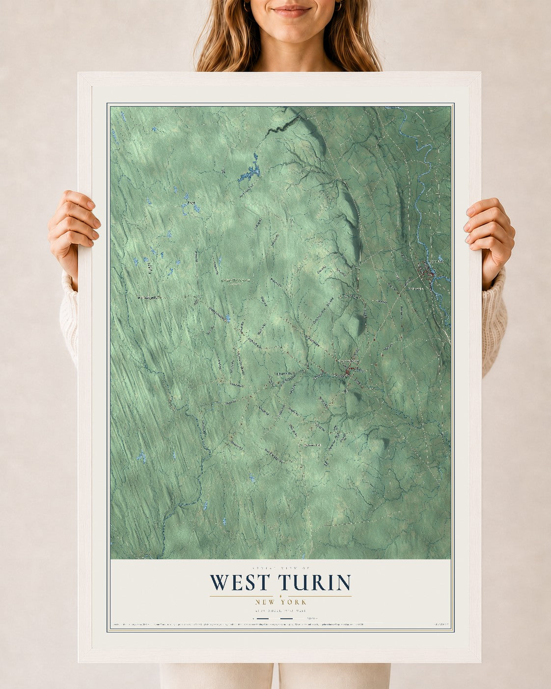 West Turin, New York map print, 24" x 36" W/ White Ayous Wood Frame mockup