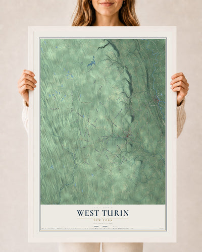 West Turin, New York map print, 24" x 36" W/ White Ayous Wood Frame mockup