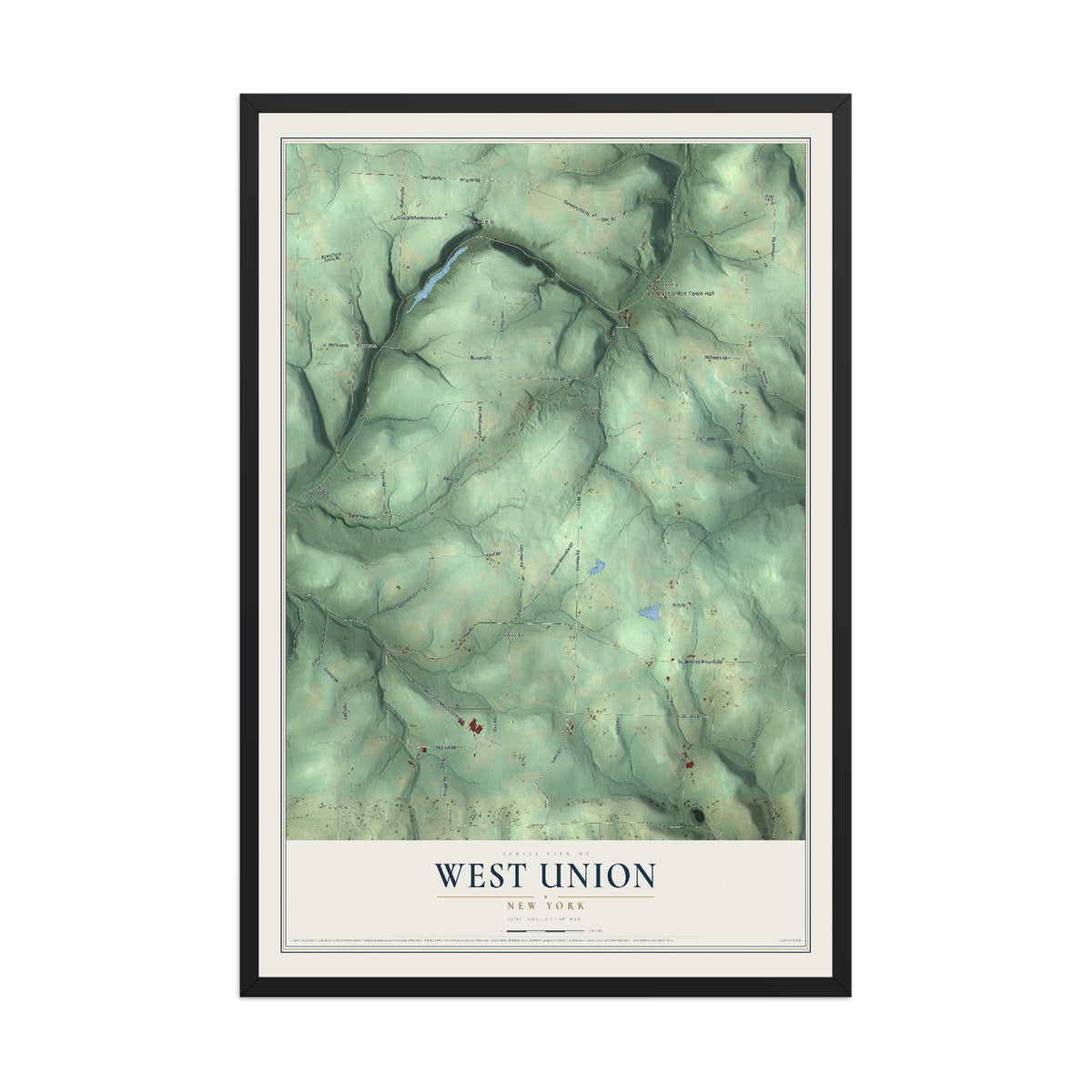 West Union, New York map print, 12" x 18" W/ Black Ayous Wood Frame mockup