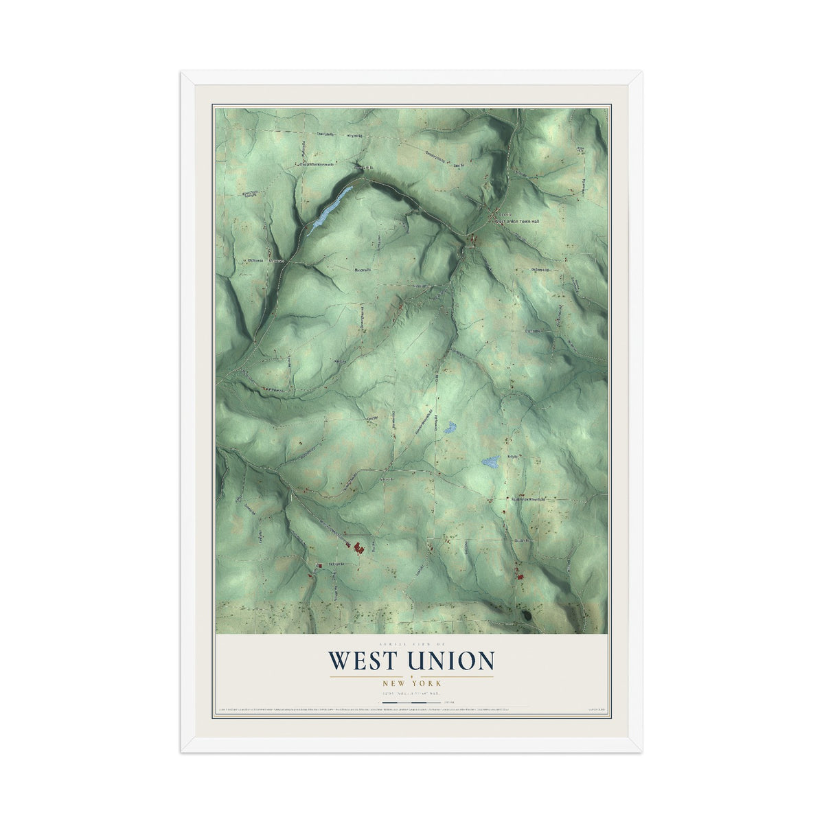 West Union, New York map print, 12" x 18" W/ White Ayous Wood Frame mockup