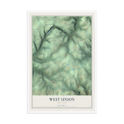 West Union, New York map print, 12" x 18" W/ White Ayous Wood Frame mockup