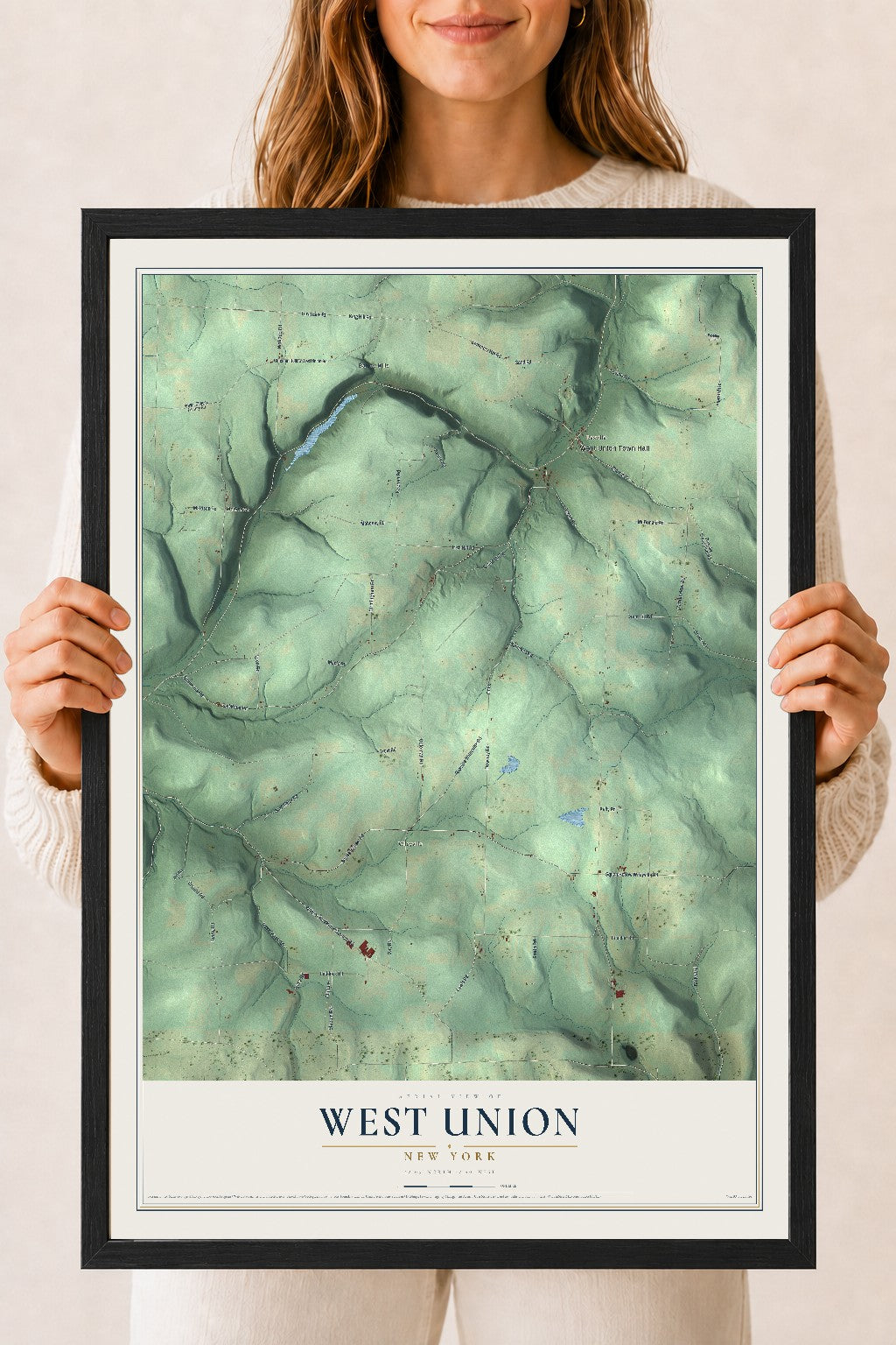 West Union, New York map print, 18" x 24" W/ Black Ayous Wood Frame mockup