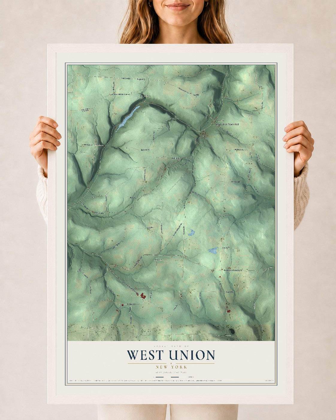 West Union, New York map print, 24" x 36" W/ White Ayous Wood Frame mockup