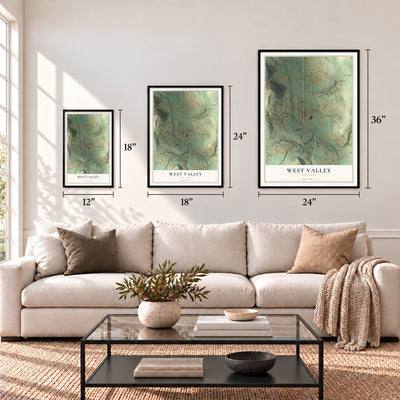 West Valley, New York map in 12 x 18, 18 x 24 and 24 x 36 inch sizes above a sofa