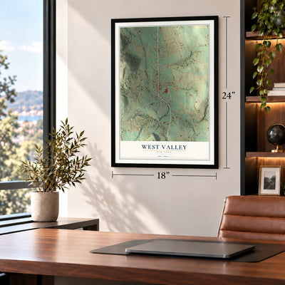West Valley, New York map, 18 x 24 inch print in a black frame in a home office