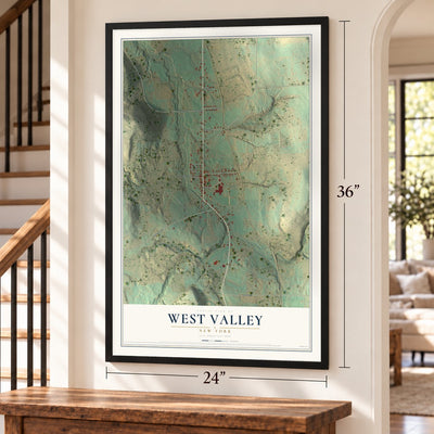 West Valley, New York map, 24 x 36 inch print in a black frame by a staircase
