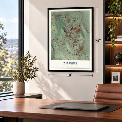Westcott, New York map, 18 x 24 inch print in a black frame in a home office