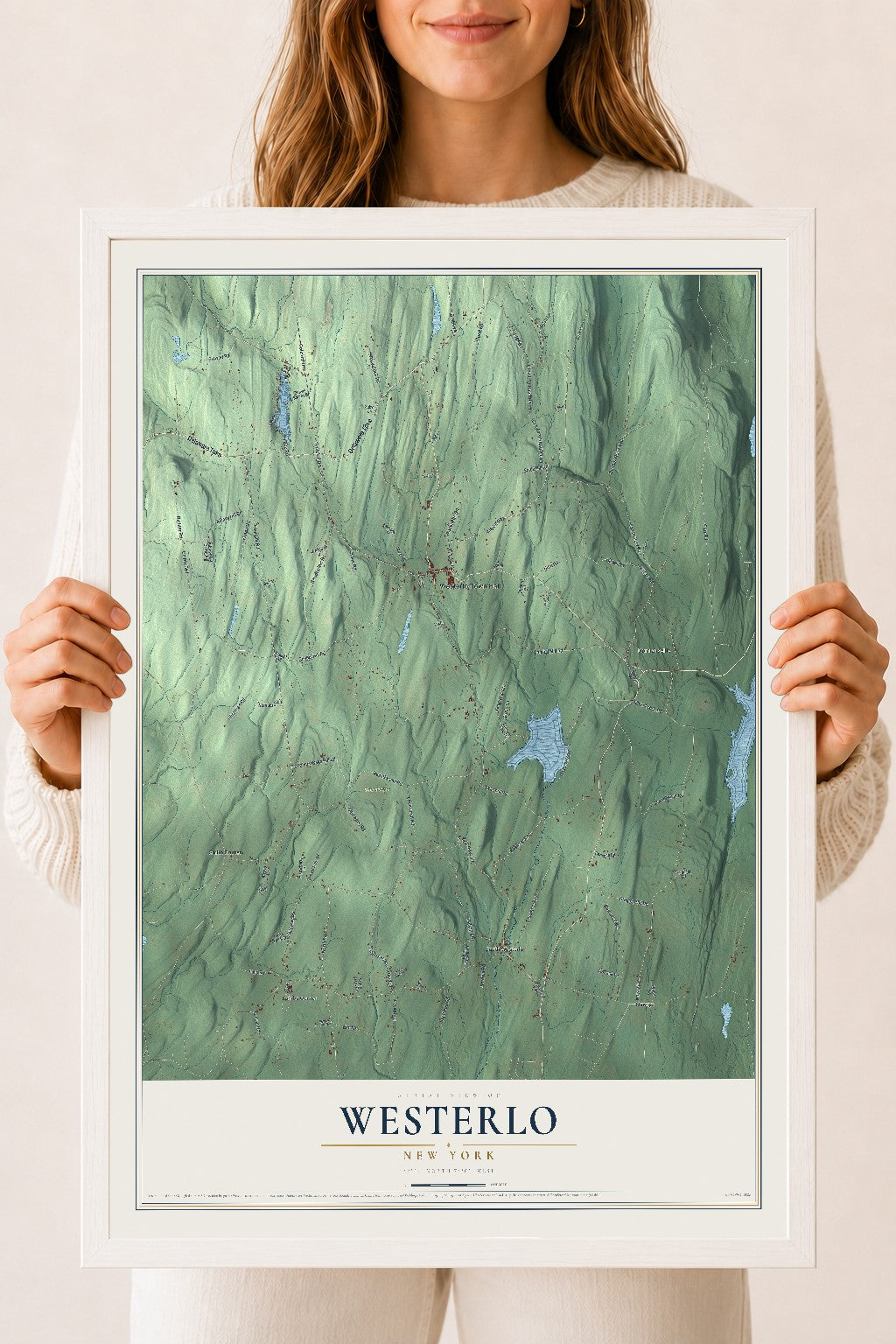 Westerlo, New York map print, 18" x 24" W/ White Ayous Wood Frame mockup