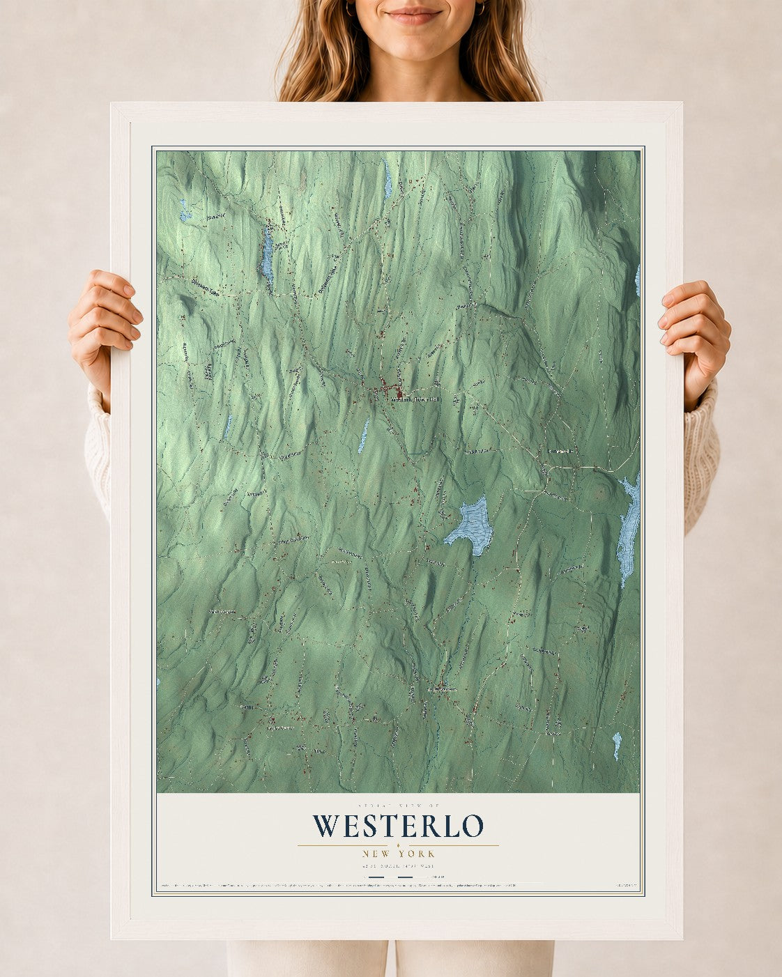 Westerlo, New York map print, 24" x 36" W/ White Ayous Wood Frame mockup