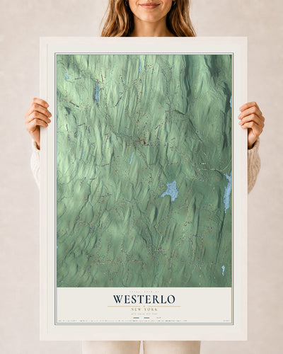 Westerlo, New York map print, 24" x 36" W/ White Ayous Wood Frame mockup