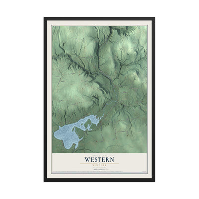 Western, New York map print, 12" x 18" W/ Black Ayous Wood Frame mockup