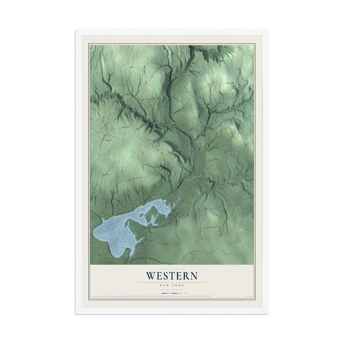 Western, New York map print, 12" x 18" W/ White Ayous Wood Frame mockup