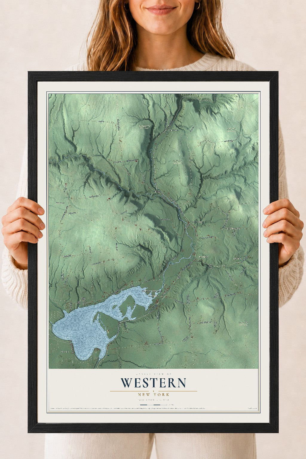 Western, New York map print, 18" x 24" W/ Black Ayous Wood Frame mockup
