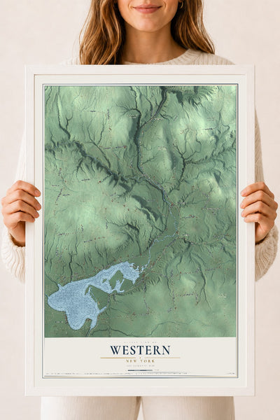 Western, New York map print, 18" x 24" W/ White Ayous Wood Frame mockup