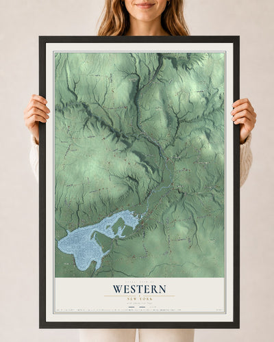Western, New York map print, 24" x 36" W/ Black Ayous Wood Frame mockup