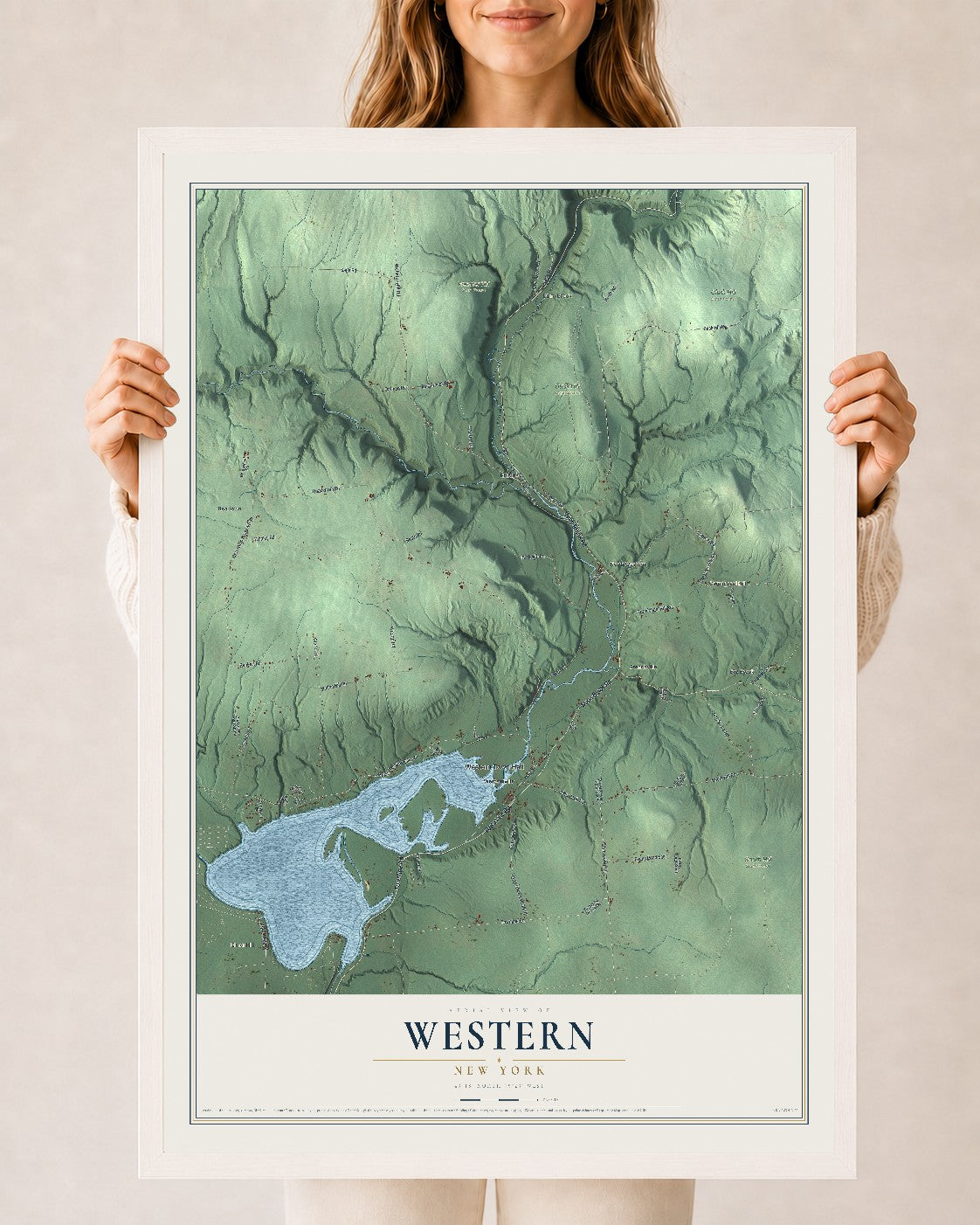 Western, New York map print, 24" x 36" W/ White Ayous Wood Frame mockup