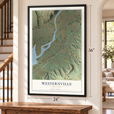 Westernville, New York map, 24 x 36 inch print in a black frame by a staircase