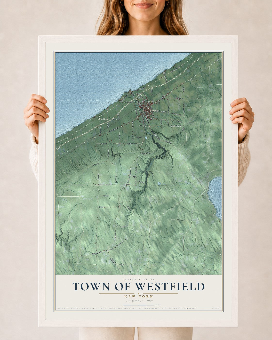 Westfield, New York map print, 24" x 36" W/ White Ayous Wood Frame mockup