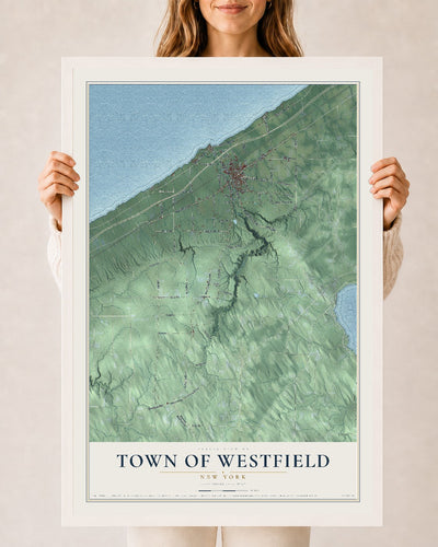Westfield, New York map print, 24" x 36" W/ White Ayous Wood Frame mockup