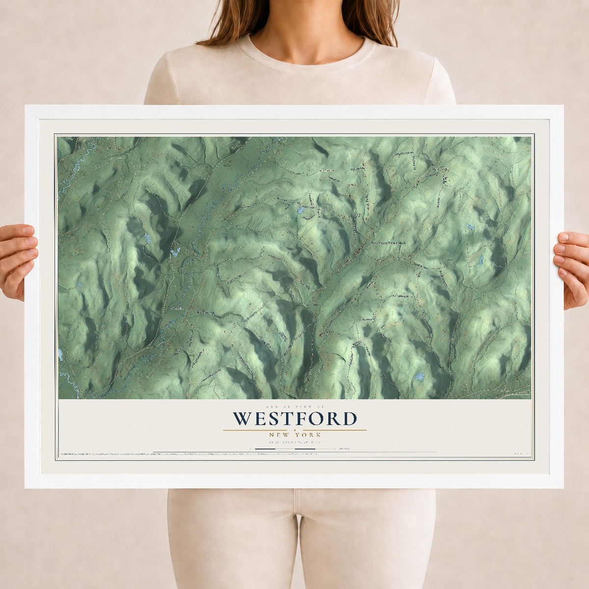 Westford, New York map print, 18" x 24" W/ White Ayous Wood Frame mockup