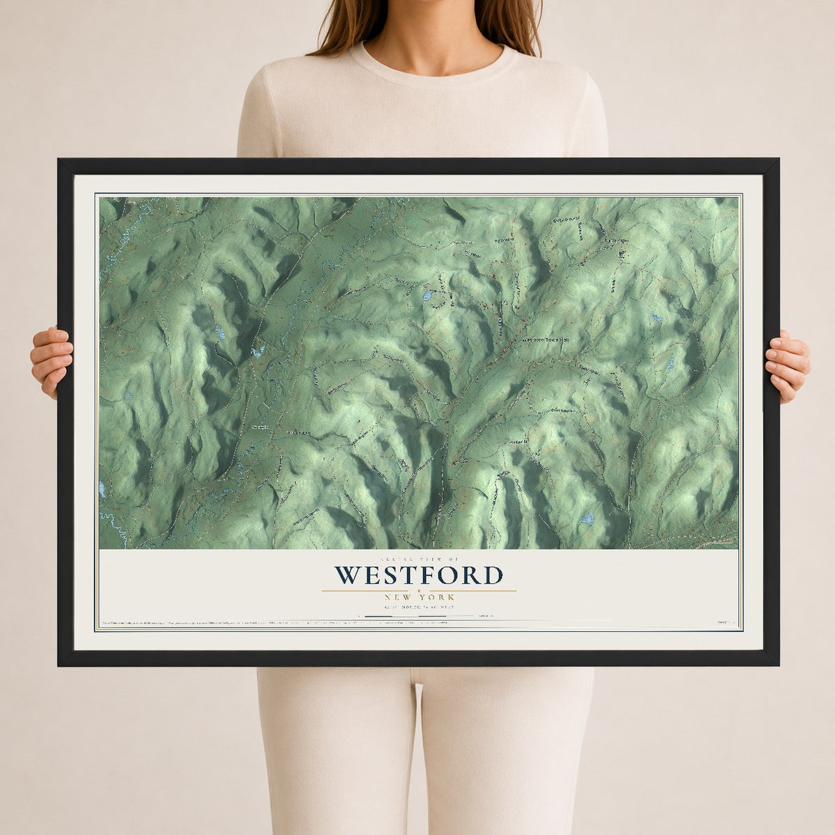 Westford, New York map print, 24" x 36" W/ Black Ayous Wood Frame mockup